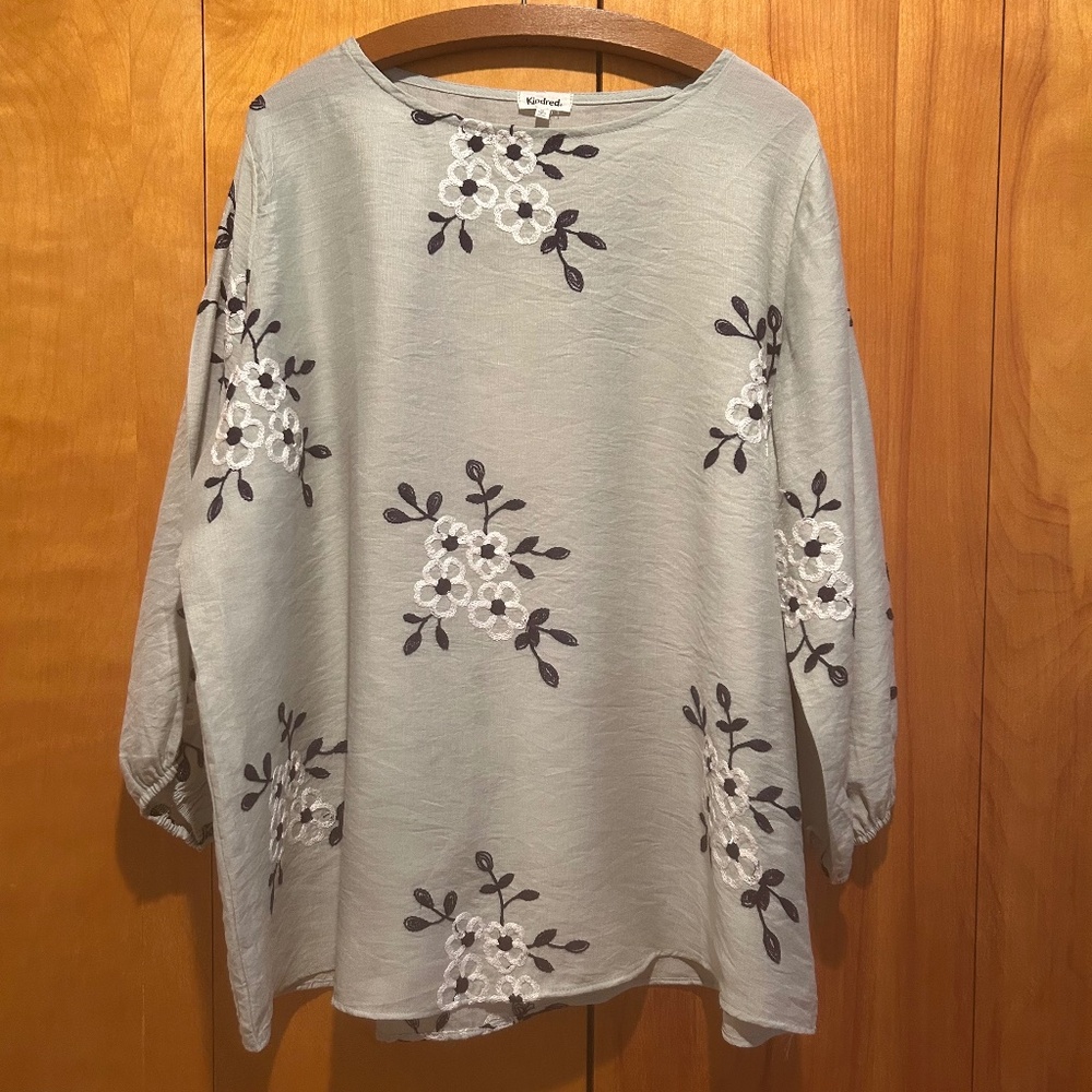 Anthropologie Kindred Blouse Sz‎ 2X Green Floral Embroidery-Boho-Cottagecore